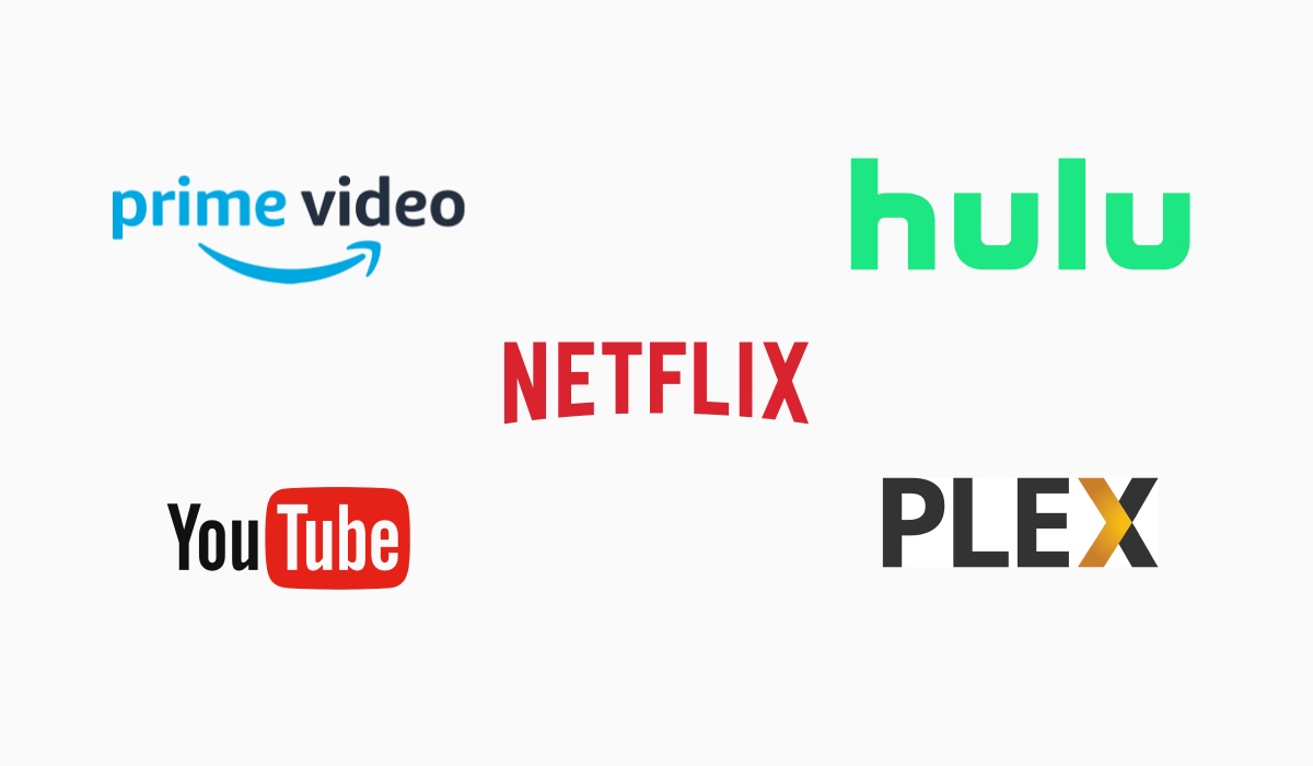 Logos of five apps: Prime Video, Hulu, Netflix, YouTube and Plex - all available on LG Content Store