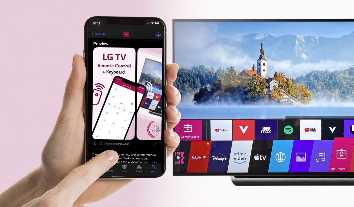 A hand holding an iPhone with the App Store page for the Mirror for LG TV app by airBeamTV. An LG Tv with a background image and a WebOS interface