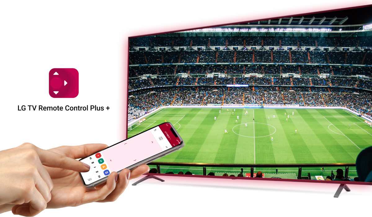 Two hands holding a smartphone with the LG TV Remote Control Plus interface on the screen. A TV is displaying a football stadium. There's an LG TV Remote Control Plus logo on the left side of the image.