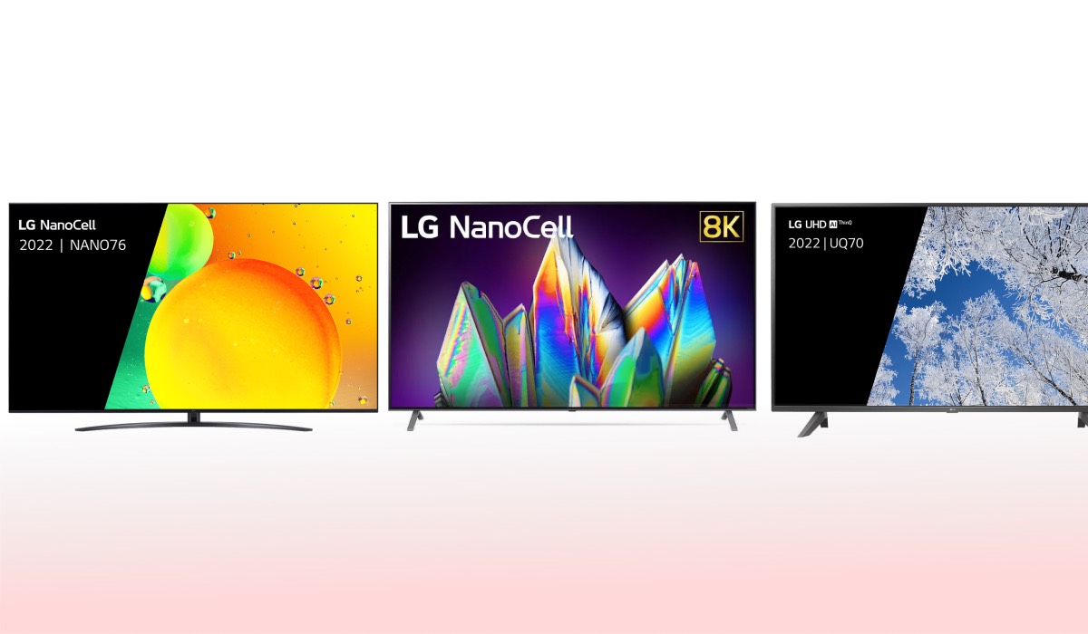 Three NanoCell LG TVs lined up on white background