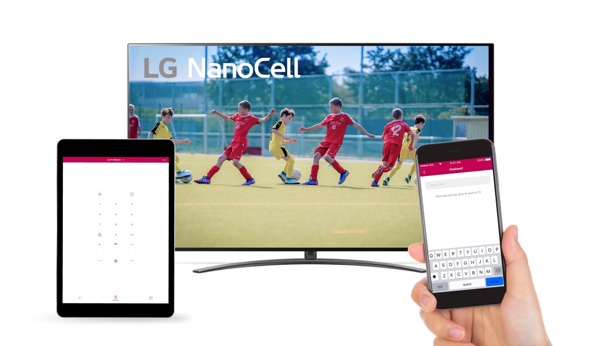 A hand holding an iPhone and an iPad, both with the LG TV Remote Control Plus interface. An LG TV with soccer match on the screen