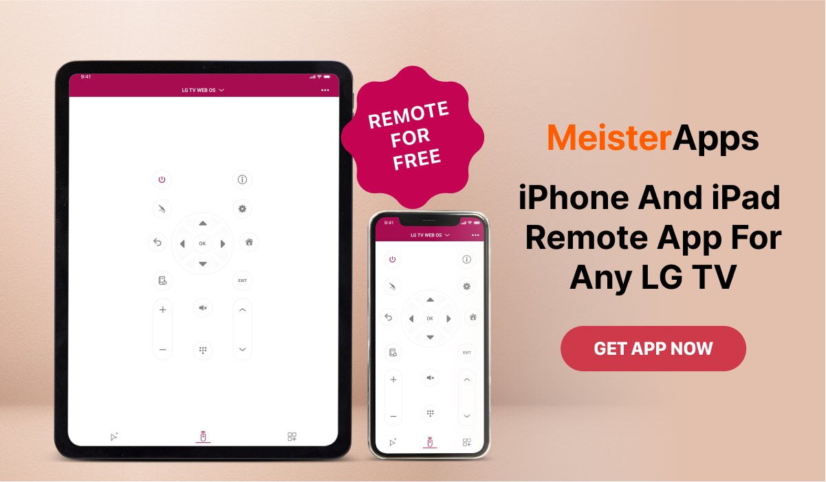 Lg TV Remote App banner with an iPad and iPhone displaying the LG TV Remote Control Plus app interface. The header on the right side of the image says "iPhone and iPad Remote App For Any LG TV". There's a MeisterApps logo above it and a button below the headeer.