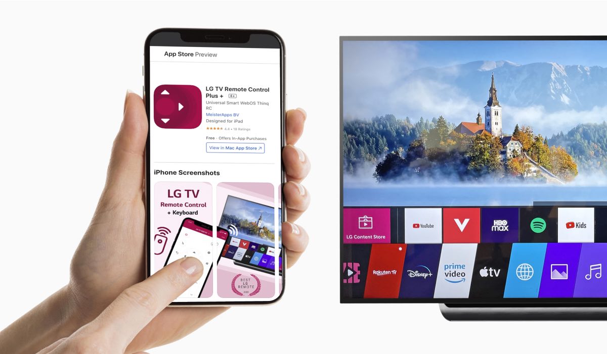 A hand holding an iPhone with the LG TV Remote Control Plus App Store page. An LG Tv with the WebOS interface on the screen