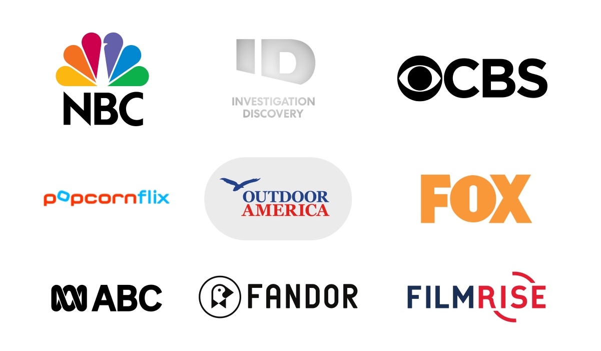 NBC, CBS, PopcornMix, Outdoor America, FOX, ABC, Fandor, Filmrise logos on white background