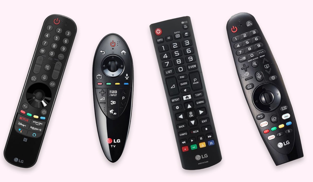 Four LG TV remotes, including one Magic Remote