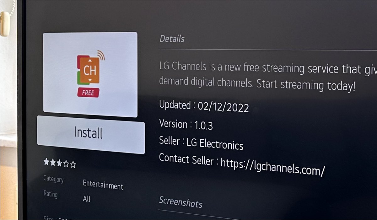 LG Channels LG Content Store page with the logo, short description and an Install button