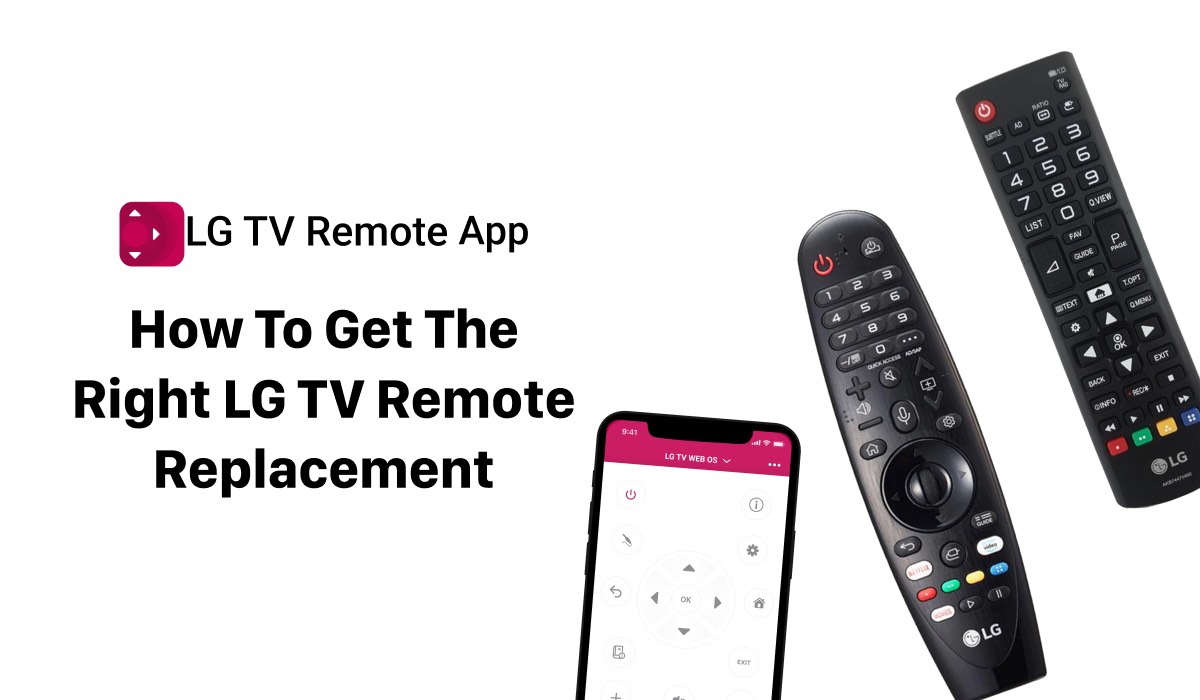 A featured image with an LG Tv remote, a Magic Remote, An iPhone with LG TV Remote Control Plus on the screen. The header on the left says "How To Get The Right LG TV Remote Replacement. There's the LG TV Remote Control Plus app logo above the header