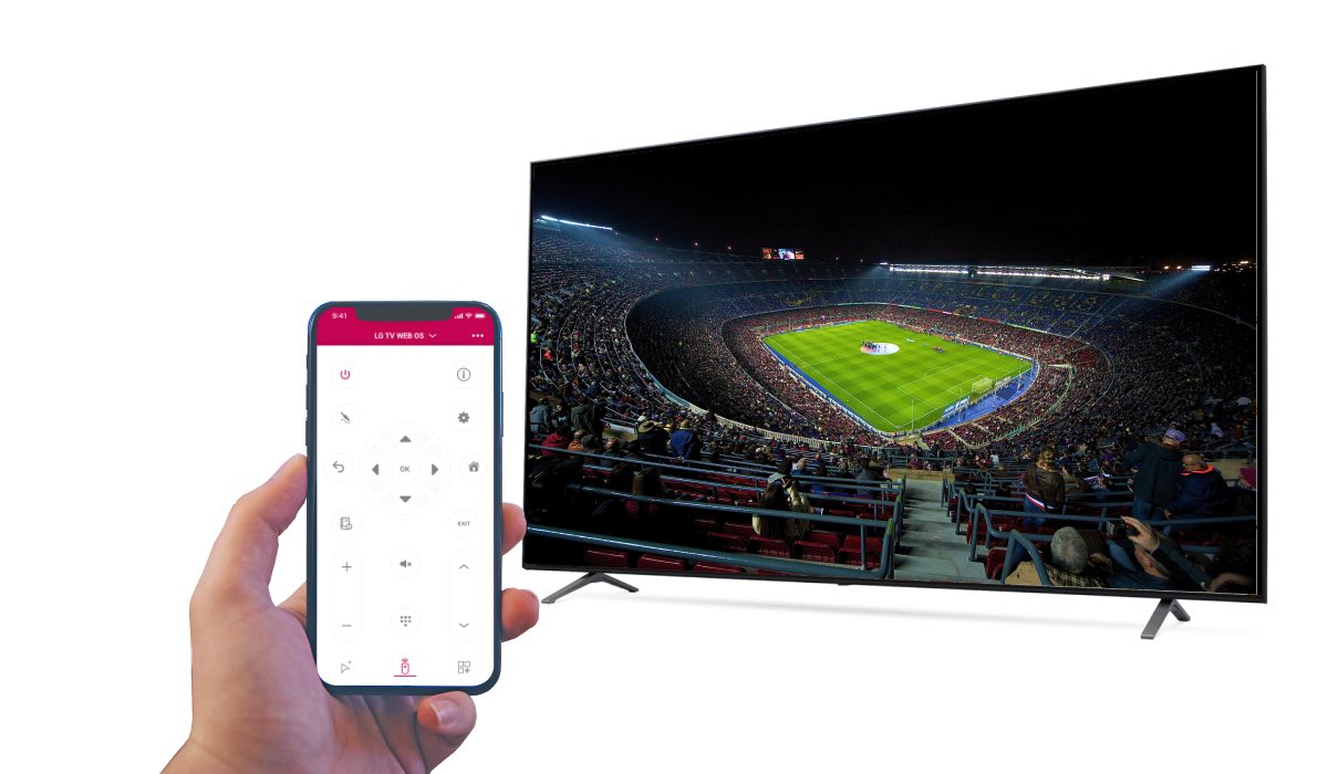 A hand holding an iPhone with the LG TV remote control plus app. An Lg TV with an image of a soccer stadium