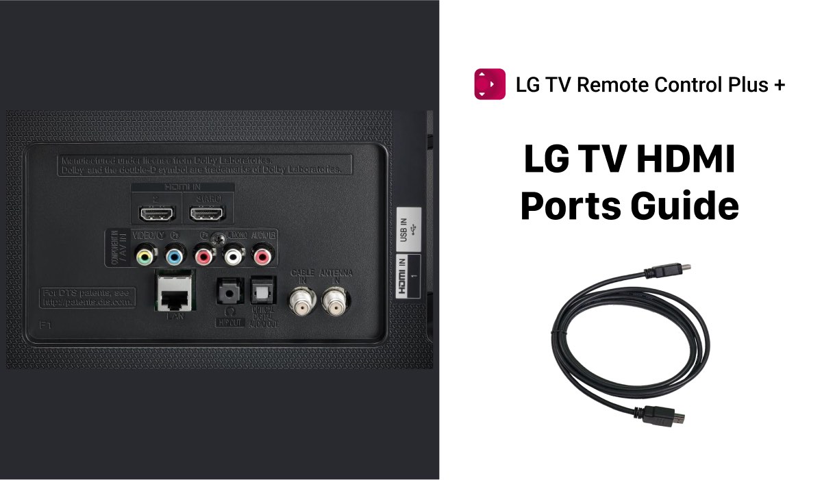 A backside of an LG TV, an HDMI cable and a header: "LG TV HDMI Ports Guide". There's the LG TV Remote Control Plus app logo above the header