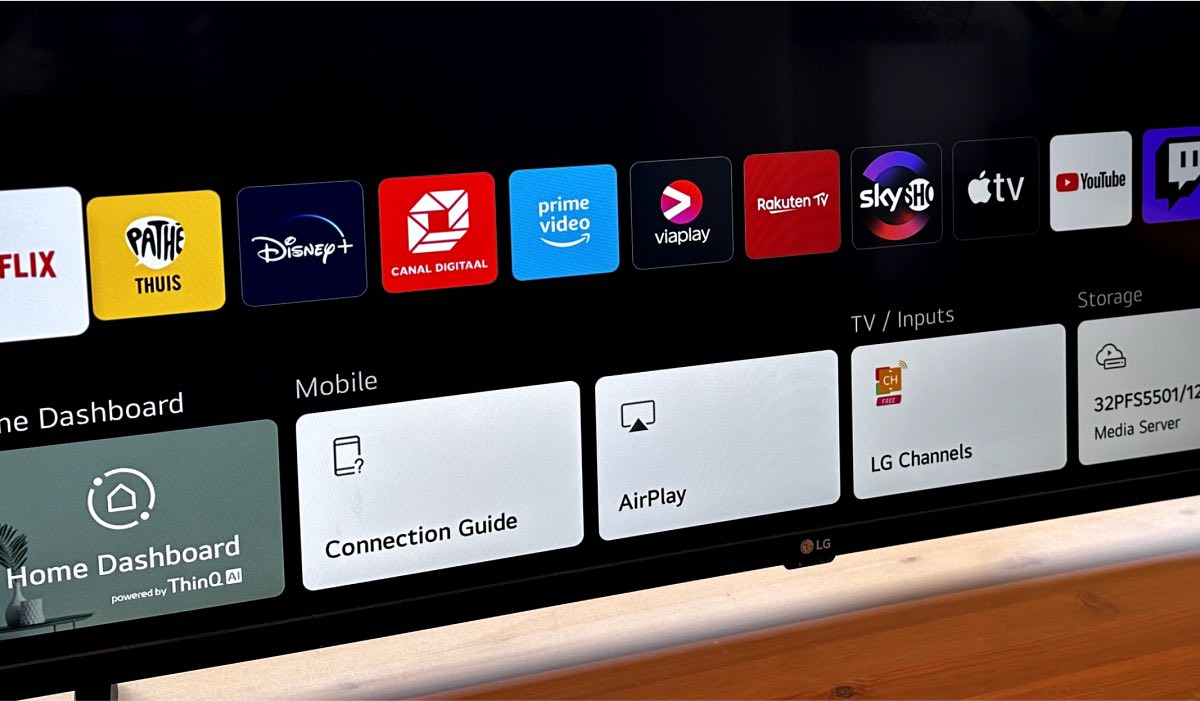 App icons on the LG TV interface - Spotify, TED and Mirror for Roku AirBeamTV