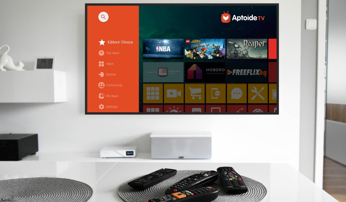 Aptoide app on LG TV. The Tv is hanging on a wall above a soundbar.