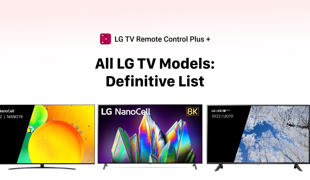 A featured image with three LG Nanocell TVs. Above the TVs, there's a header that says "All LG TV Models: Definitive List" and there's an LG TV Remote Control Plus log above the header.
