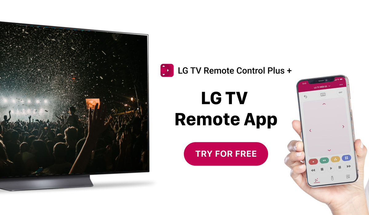 A promotional banner for LG TV Remote Control Plus app. There's a hand holding an iPhone with the LG TV Remote Control Plus interface on the screen, an LG TV with an image of a live concert on the screen. The header says "LG TV Remote App"