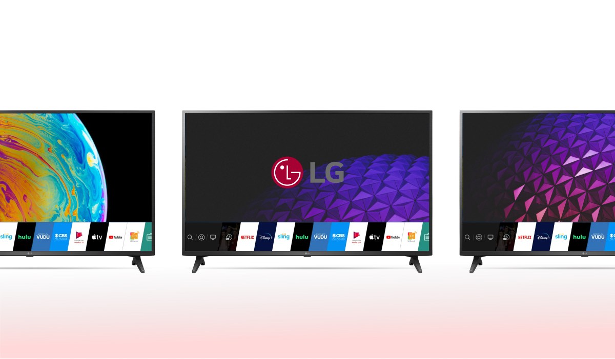 Three LG TV models lined up, each with the webOS interface