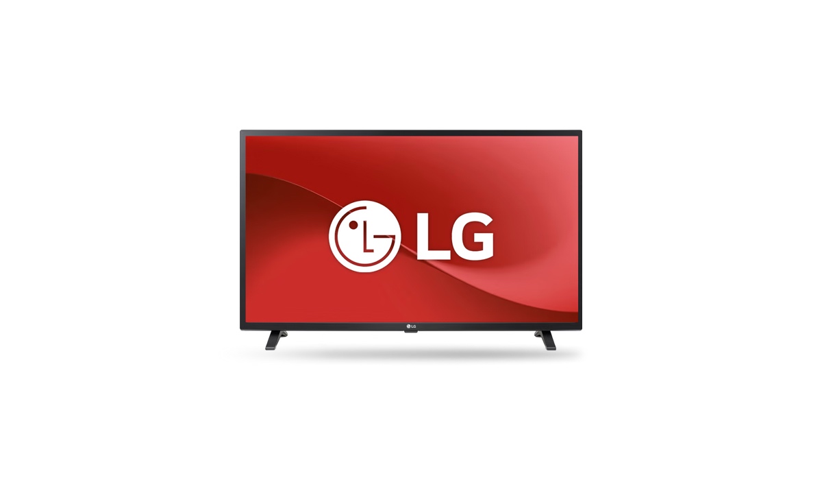 An LG TV with red background and an LG logo on the screen