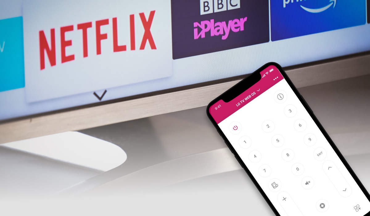 LG TV remote app interface on an iPhone, LG TV with Netflix and BBC iPlayer icons on the screen