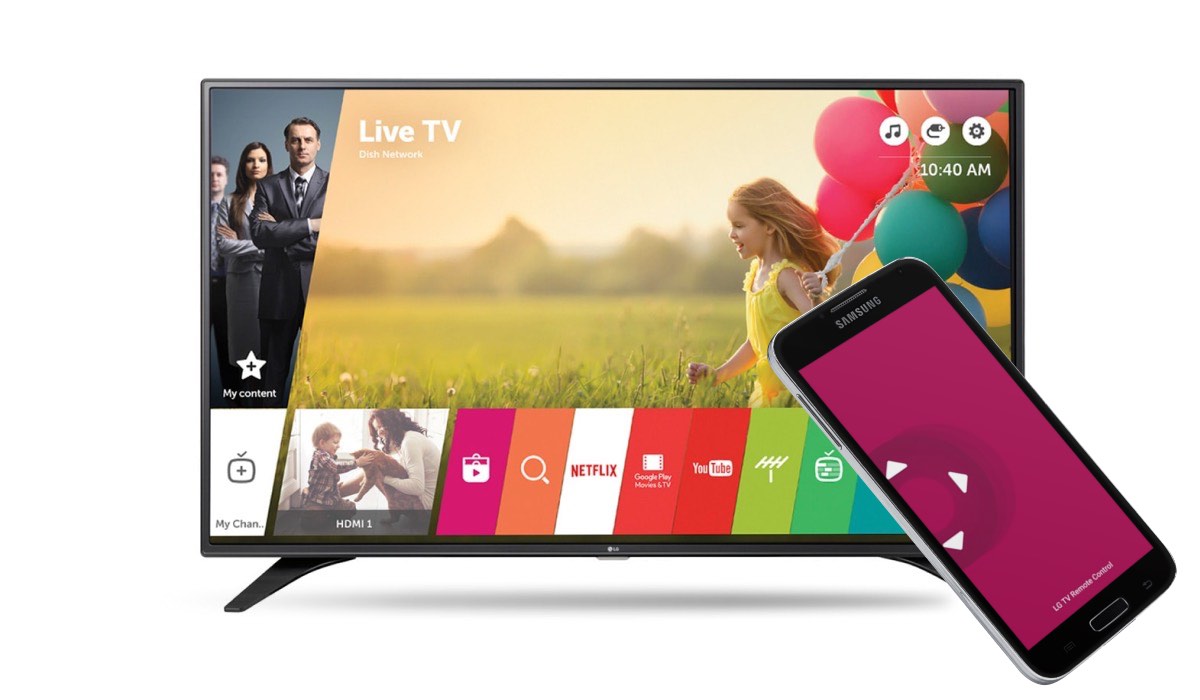 An LG TV with the WebOS menu on the screen and a Samsung smartphone with the LG TV Remote Control Plus + app logo on the screen