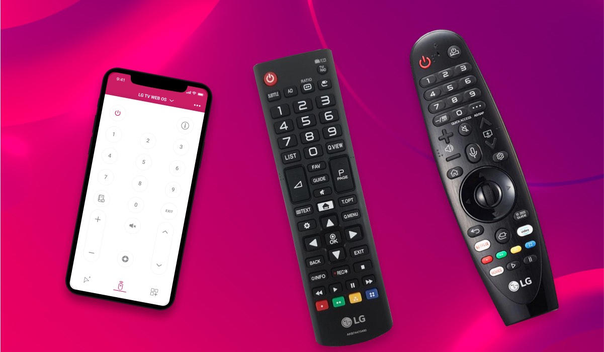 Two lg tv remotes and a smartphone with lg tv remote app interface on the screen